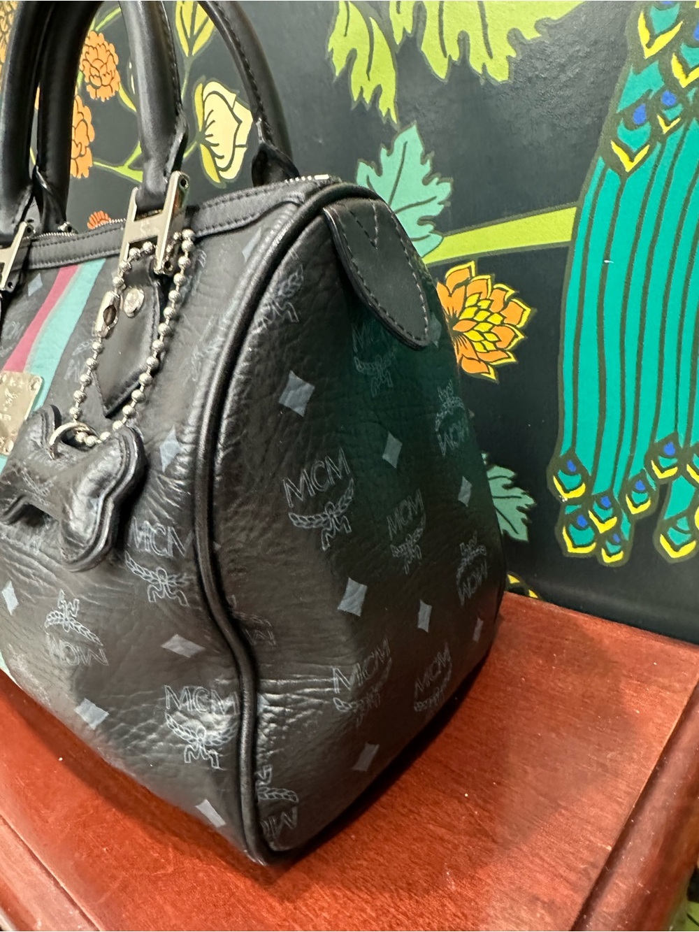 MCM Pet Collection Black Visetos Boston Bag Dog Bone Charm Satchel - Picture 10 of 16